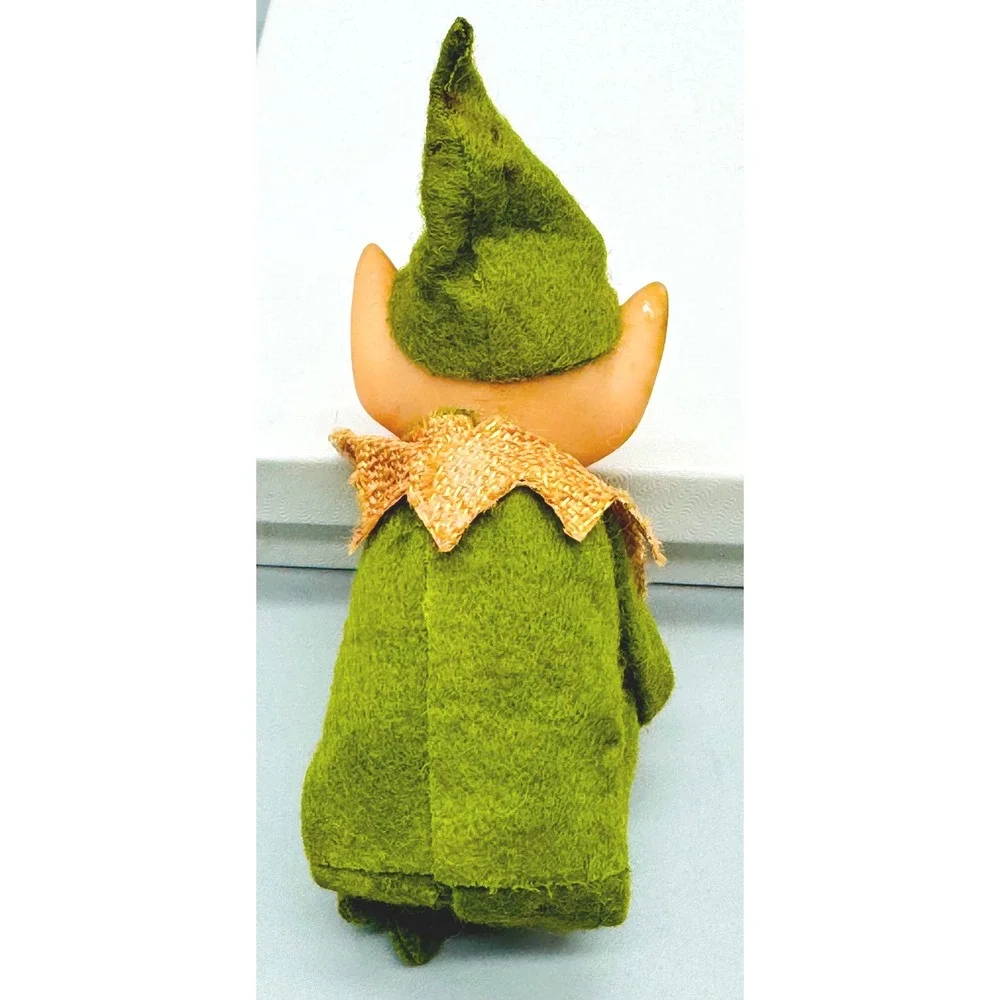 Vintage Knee Hugger Elf Christmas Ornament Green Felt Gold Collar‎ Rubber Face